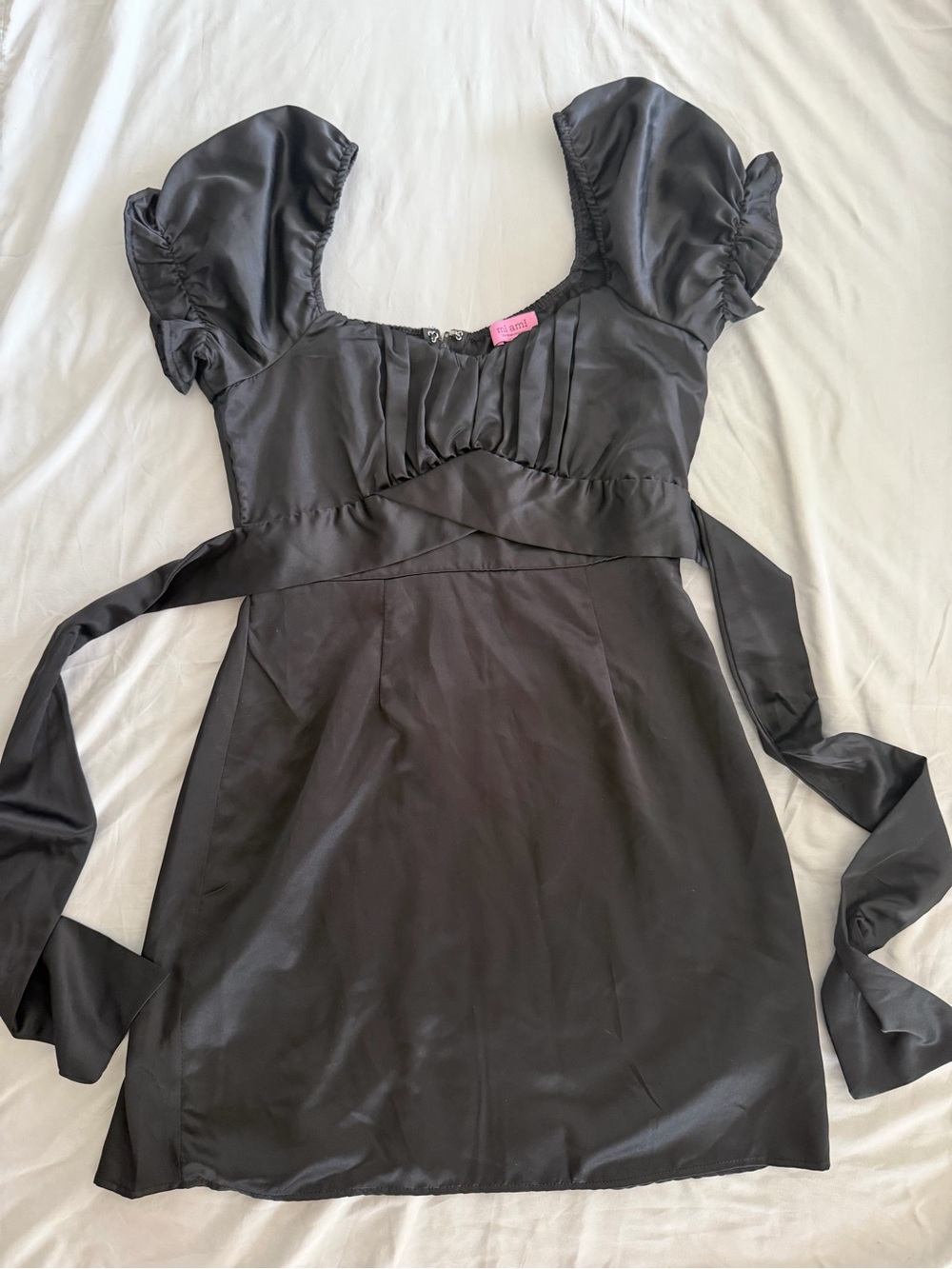 Francesca's Collections Black Satin Puff-Sleeve Mini Dress with Sash
